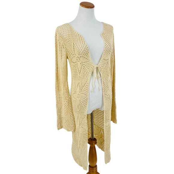 Vintage 90s Crochet Tie Front Cardigan: Boho Long Duster Sweater Coastal Grandma - Picture 6 of 16